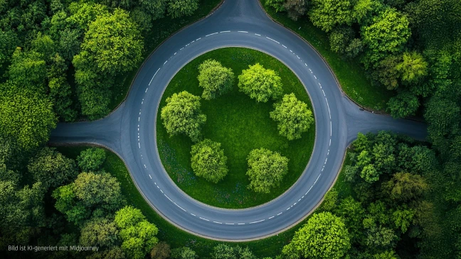 Luftaufnahme eines runden Kreisverkehrs mit Bäumen in der Mitte, umgeben von dichtem, grünem Waldgebiet mit verschiedenen Baumarten.