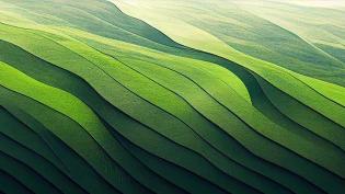 Sanft gewellte Landschaft mit geschwungenen, parallelen Streifen in verschiedenen Grüntönen, die sich gleichmäßig über die gesamte Fläche erstrecken.