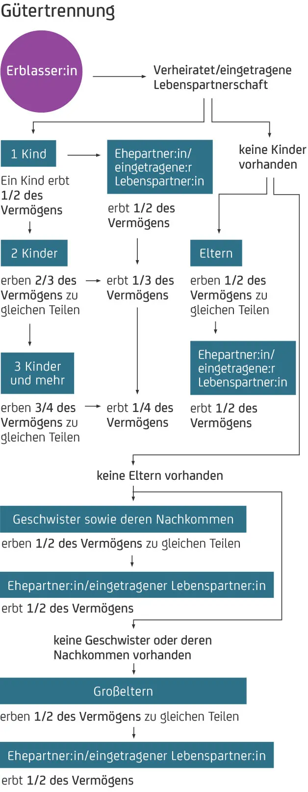 Flussdiagramm zur Erbfolge bei Gütertrennung: Verteilung des Vermögens je nach Zahl der Kinder oder vorhandenen Verwandten.