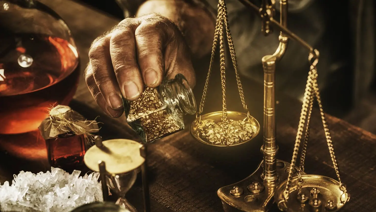 Es wird auf einem dunklen Holztisch mit einer goldenen, altertümlicher Waage Goldpulver abgewogen