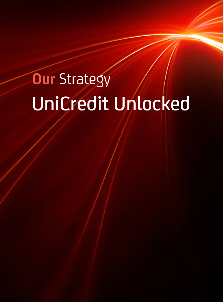 Ein Plakat mit dem Schriftzug "UniCredit Unlocked" auf rotem Hintergrund.