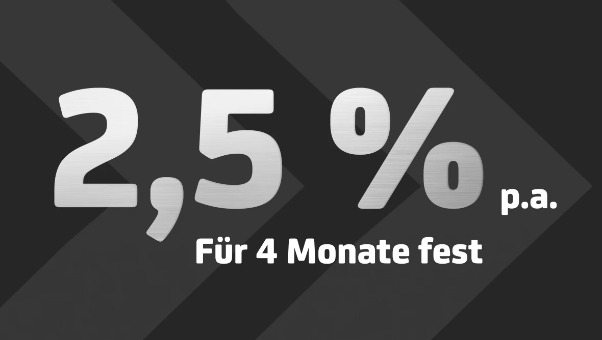 Schwarzer Hintergrund mit weißem Text, der einen Zinssatz von 2,5 Prozent pro Jahr für vier Monate fest anzeigt.