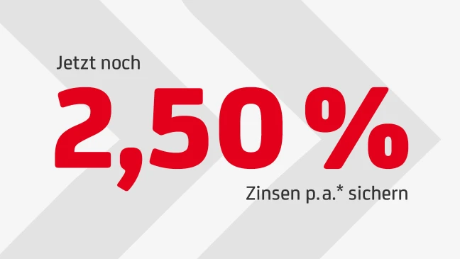 Werbegrafik mit rotem Text: Jetzt bis zu 2,50 Prozent Zinsen p.a. sichern auf hellgrauem Hintergrund mit dunkelgrauen Pfeilen.