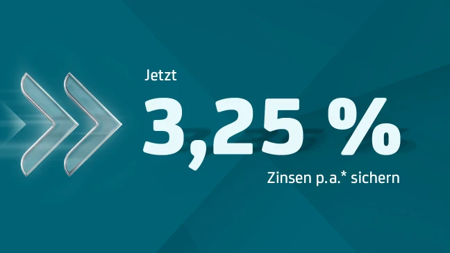 Grauer Hintergrund mit dem Wort Jetzt links oben und großer goldfarbener Schrift 3 25 Prozent mittig darunter Text Zinsen p a sichern.