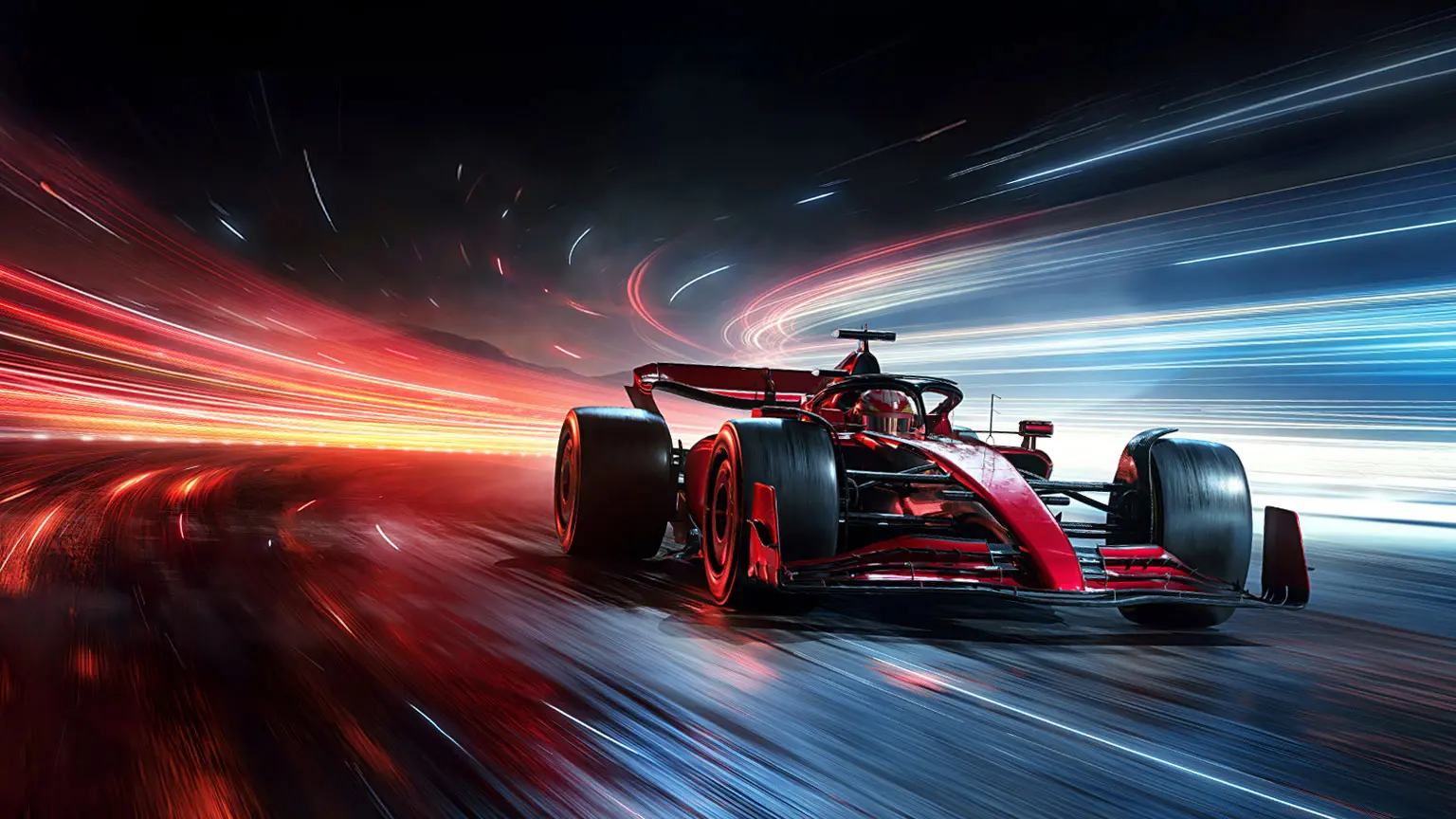 Roter Formel‑1‑Rennwagen fährt mit hoher Geschwindigkeit über eine Rennstrecke; dynamische Lichtstreifen in Rot und Blau verstärken den Eindruck von Tempo und Bewegung vor dunklem Hintergrund.
