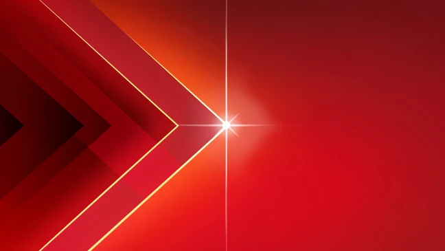 Rote abstrakte Pfeilformen mit goldenem Rand, die nach rechts weisen, vor einem leuchtenden Lichtpunkt.