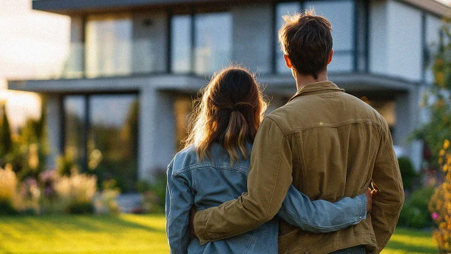 Zwei Personen stehen nebeneinander auf einer grünen Wiese vor einem modernen Wohnhaus mit großen Fenstern. Eine Person legt den Arm um die andere, während beide von hinten in Richtung Haus blicken; warmes Sonnenlicht fällt über die Szene.