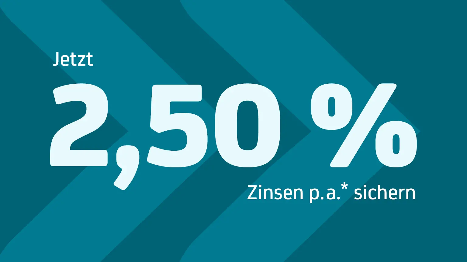 Weißer Text mit den Worten Jetzt 2,50 Prozent Zinsen p.a. sichern auf blau-türkisem Hintergrund mit zwei breiten pfeilförmigen Formen.