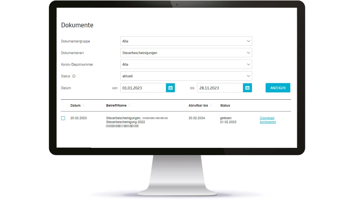 Screenshot von HVB Online Banking Seite mit Dokumentenübersicht, Filteroptionen und Eintrag für Steuerbescheinigungen aus 2023 mit Download-Link.