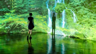 Eine Frau steht vor einer großen Bildprojektion, die einen einen Urwald mit einem Wasserfall zeigt.