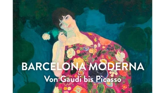 Ein Gemälde einer Frau in einem bunten geblümten Kleid, in der rechten Hand eine weiße Rose. Unten mittig steht der Titel der Ausstellung 