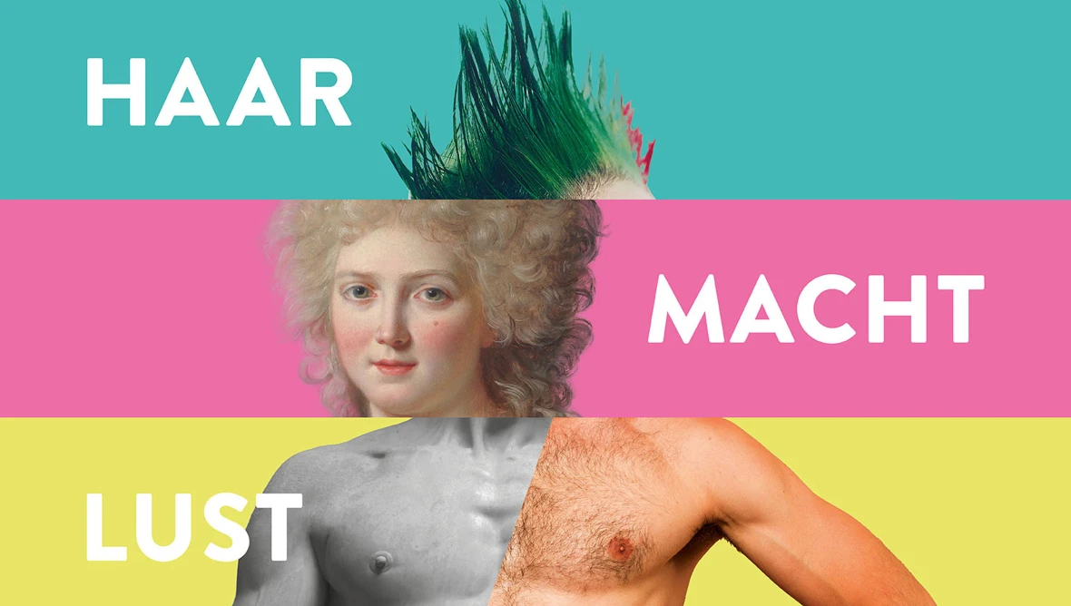 Motiv des Ausstellungsplakates zu Haar - Macht - Lust. Das Motiv ist in drei Querstreifen unterteilt, der oberste ist türkis, darauf ist ein bunter Irokesenschnitt zu sehen und das Wort Haar in weiß, darunter ein rosa Streifen mit dem Gesicht einer Dame mit blonden Locken und dem Wort Macht in weißer Schrift und ganz unten ein männlicher Oberkörper, der zum Teil behaart ist auf gelbem Hintergrund mit dem Wort Lust in weißer Schrift. 
