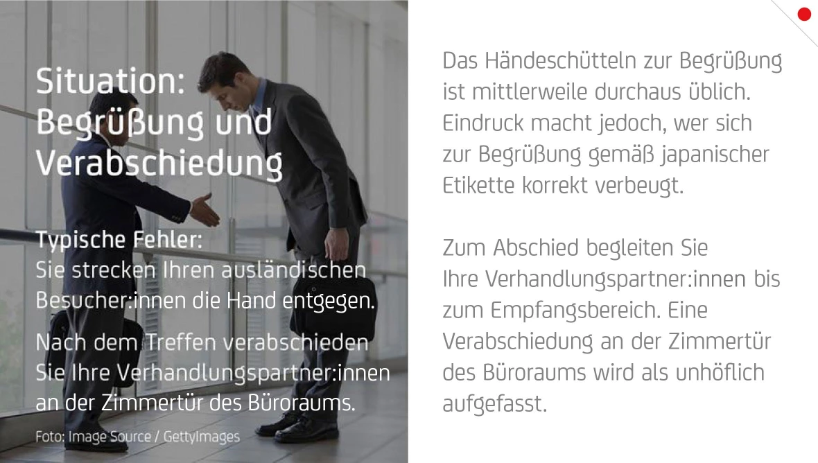 Bild mit Begrüßungsszene und Text über kulturell angemessenes Verhalten bei Begrüßung und Verabschiedung im geschäftlichen Kontext.