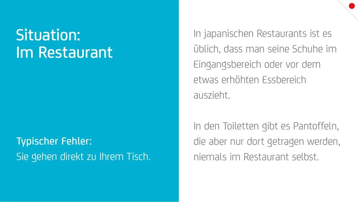 Grafik mit Hinweis auf kulturelle Regeln in japanischen Restaurants wie das Ausziehen der Schuhe und Tragen von Pantoffeln in Toiletten.