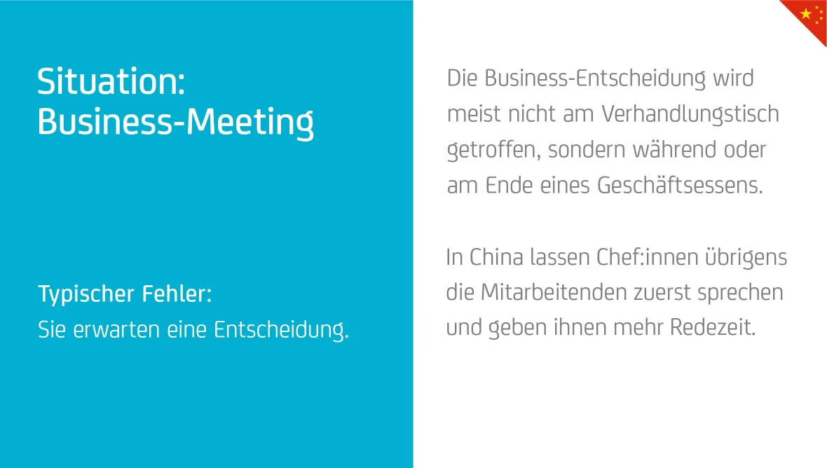 Bild mit Hinweis, dass Entscheidungen in China oft beim Essen getroffen werden und Mitarbeitende zuerst sprechen.