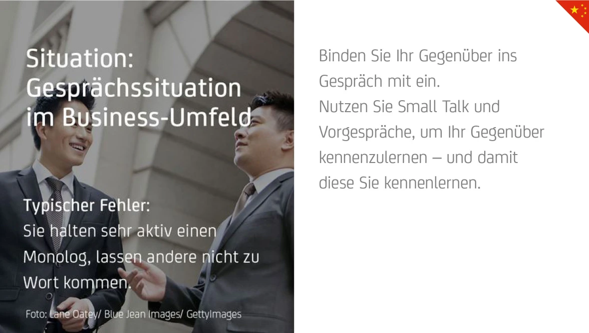 Zwei Personen im Gespräch vor Gebäude, daneben Hinweise zur Gesprächsführung im Business-Kontext mit Fokus auf Small Talk.