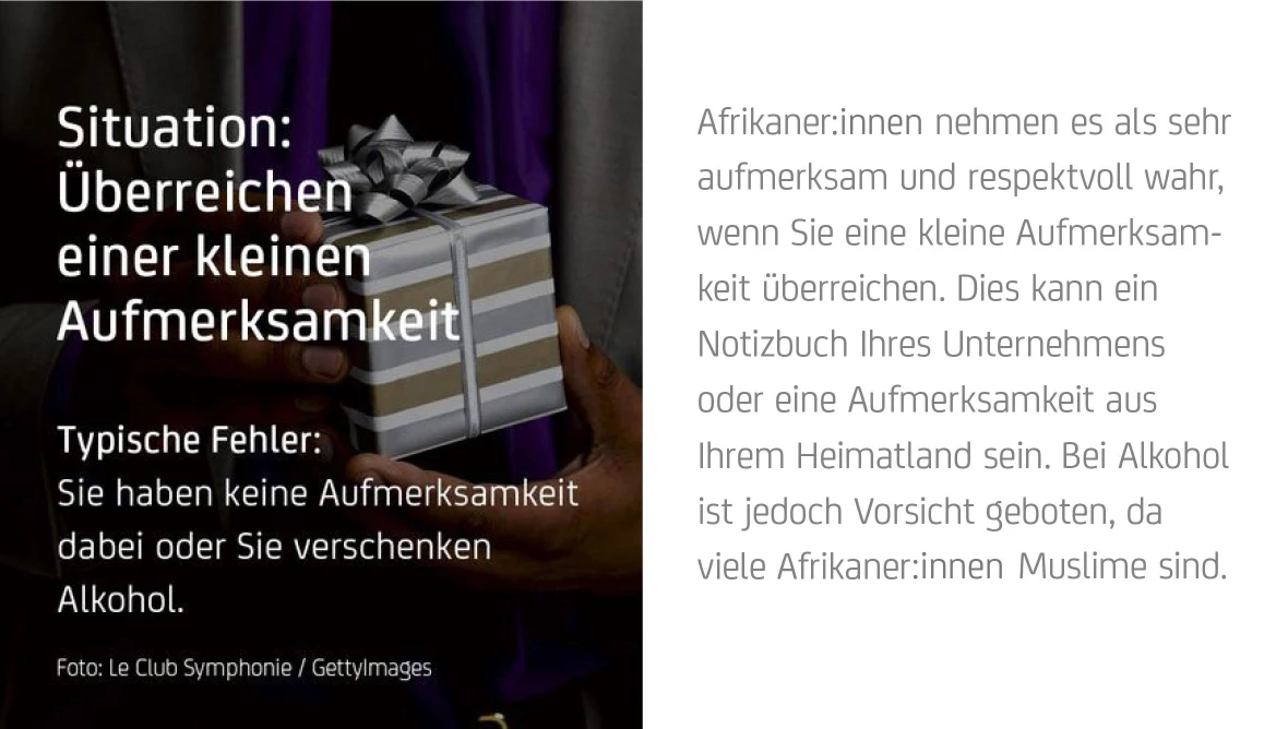 Zwei Hände übergeben ein kleines Geschenk, daneben Text mit Hinweisen zur Geste der Aufmerksamkeit und kulturellen Sensibilität.