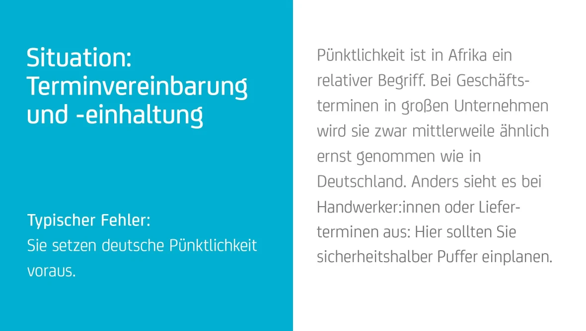 Bild mit Hinweis, dass Pünktlichkeit in Afrika unterschiedlich gehandhabt wird und Zeitpuffer empfehlenswert sind.