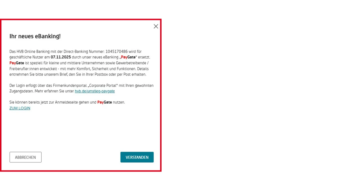 Hinweistext zur Umstellung von HVB Online Banking auf PayGate mit Login-Link für Firmenkunden.