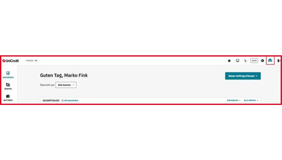 UniCredit Online Banking Dashboard mit Kontenübersicht, Navigation und Begrüßung des Nutzers.
