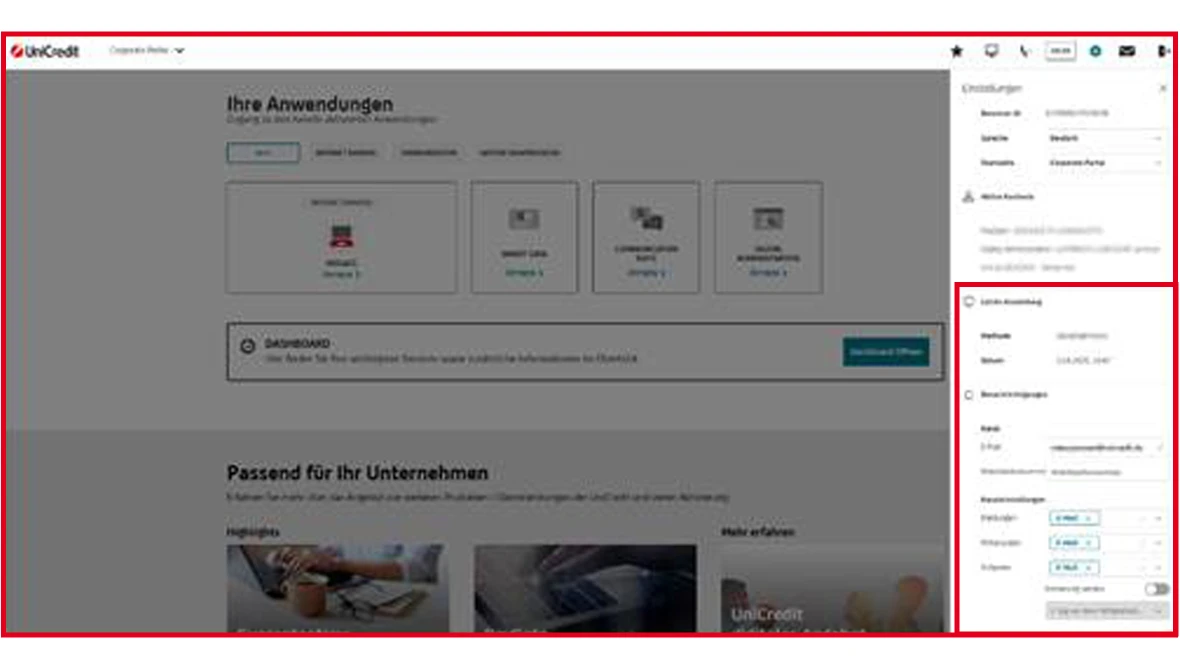 UniCredit Portal: Übersicht mit Anwendungen wie Smart Banking, Cloud Suite, Kontoeröffnung und Kontodetails.