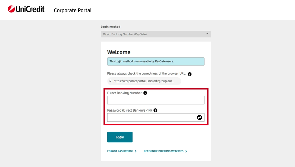 Login-Seite des UniCredit Corporate Portals für PayGate-Nutzer mit Sicherheits- und Hilfehinweisen.