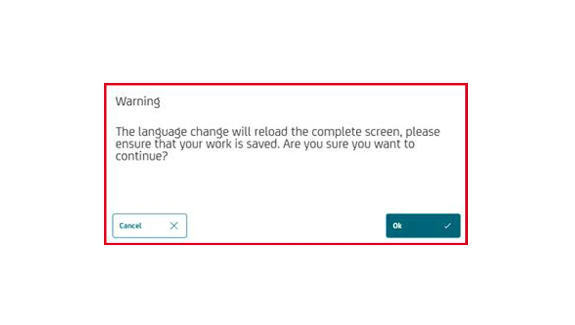 Hinweisfenster zur Sprachänderung mit Warnung vor Datenverlust und Optionen zum Abbrechen oder Bestätigen.