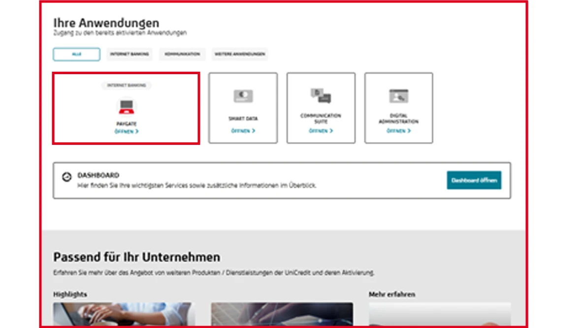 Übersicht aktivierter Anwendungen im UniCredit Portal wie PayGate, Smart Data und Communication Suite.