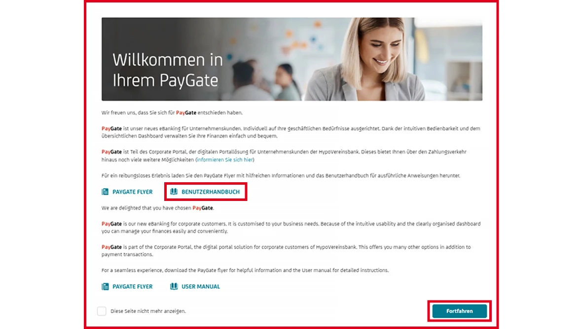 Startseite von PayGate mit Links zu Flyer, Benutzerhandbuch und Button zum Fortfahren.