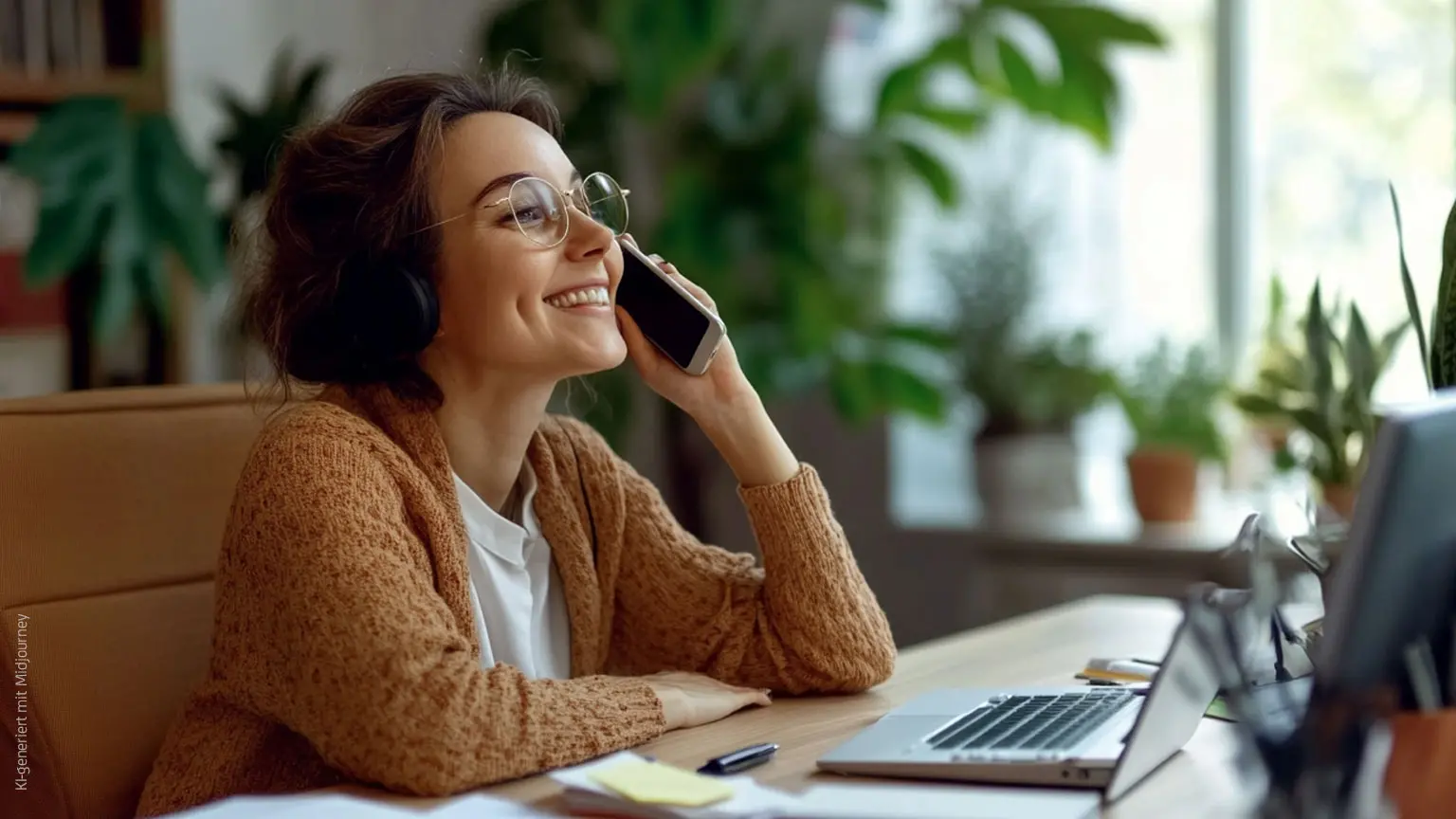 Frau mit Handy im Büro