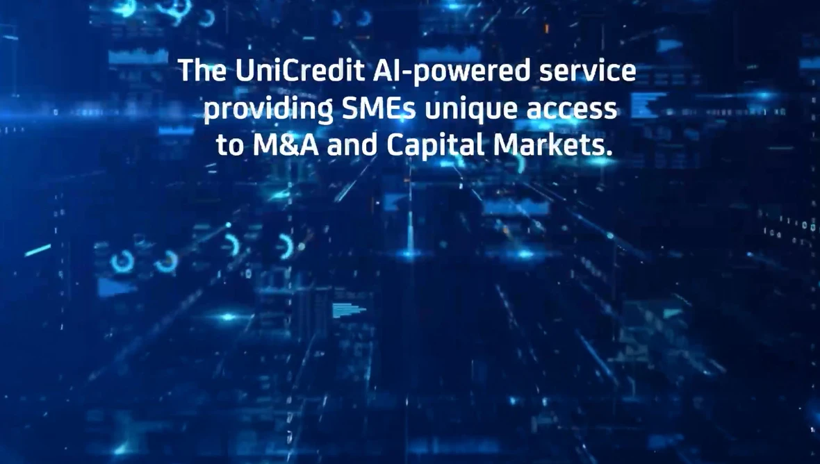 Futuristischer Hintergrund mit Text: UniCredit KI-Service für KMU, Zugang zu M&A und Kapitalmärkten.