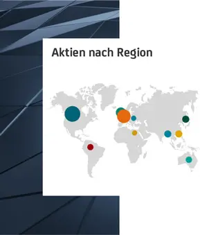 Weltkarte mit farbigen Kreisen in verschiedenen Regionen und dem Titel Aktien nach Region auf weißem Hintergrund.