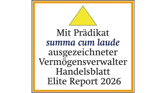 Auszeichnung mit Prädikat summa cum laude ausgezeichneter Vermögensverwalter Handelsblatt Elite Report 2025.