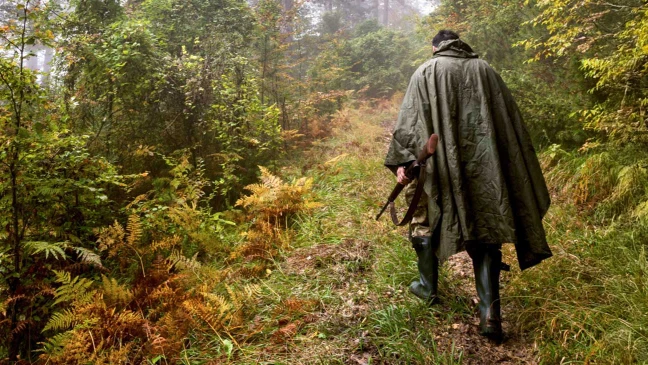 Eine Person mit Poncho und Gummistiefeln geht mit Gewehr durch herbstlichen Wald auf einem schmalen, bewachsenen Pfad.