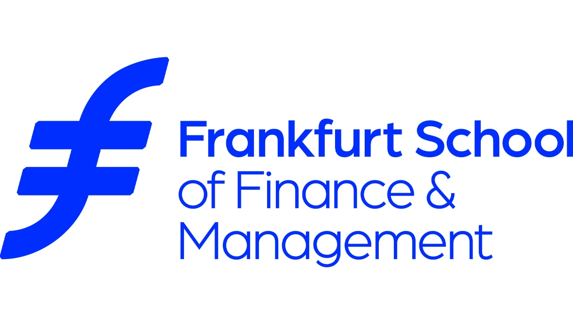 Blaues Logo mit Symbol und Schrift Frankfurt School of Finance und Management auf hellem Hintergrund.