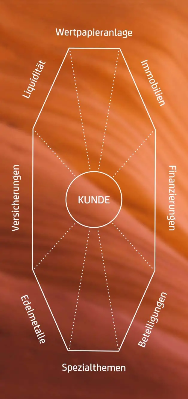 Achteckige Grafik mit „Kunde“ im Zentrum und acht Finanzthemen rundherum: u. a. Wertpapiere, Immobilien, Liquidität, Versicherungen.